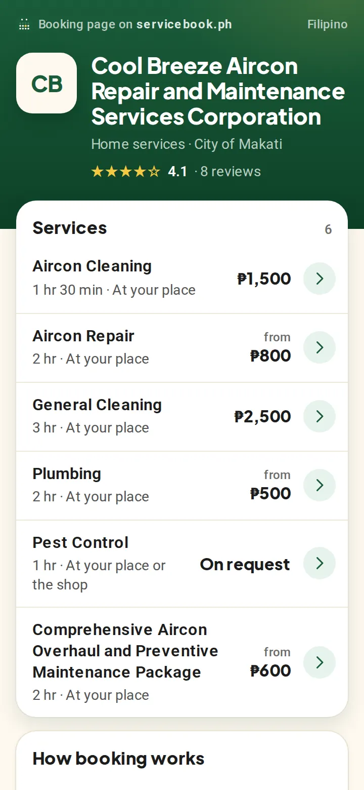A provider's booking page: services with prices, how booking works, and reviews